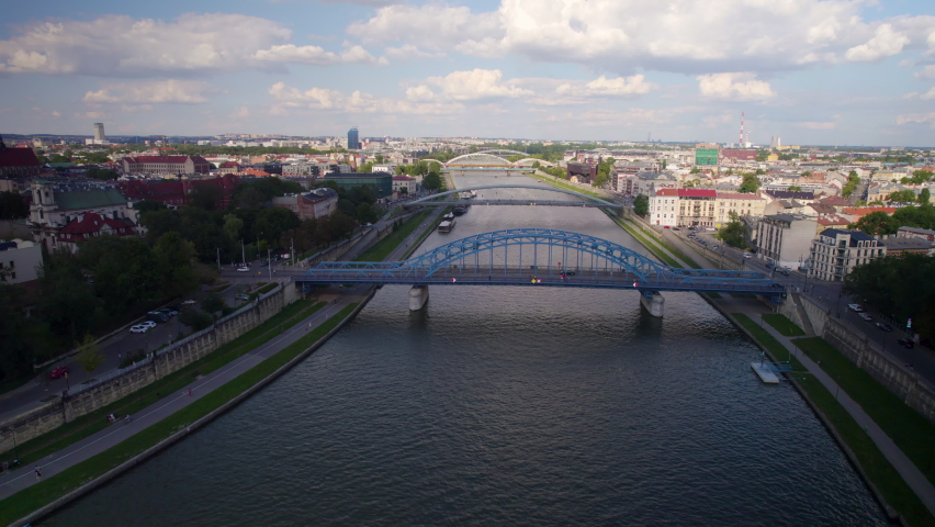 Jozef Pilsudski Bridge On Vistula River In Krakow, Poland - aerial drone shot
