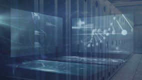 Animation of screens with medical data processing against computer server room. Medical research and business data storage technology concept - Powered by Shutterstock - Get 15% off with code: PIKWIZARD15