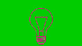 Animated pink symbol of lightbulb. Concept of idea and creative. Looped video. Line vector illustration isolated on green background.