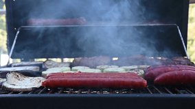 Video of barbecue meat, ribs and sausage with vegetables
