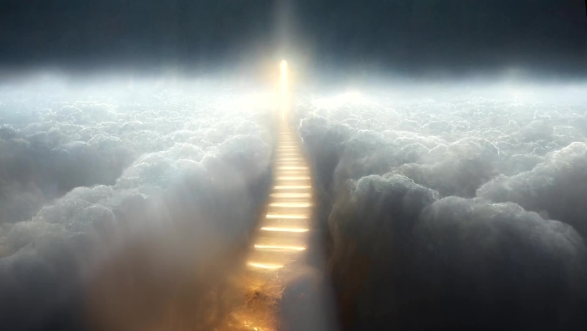 Steps to Heaven, a golden staircase in the clouds leads to the gates of Heaven Royalty-Free Stock Footage #1094297789