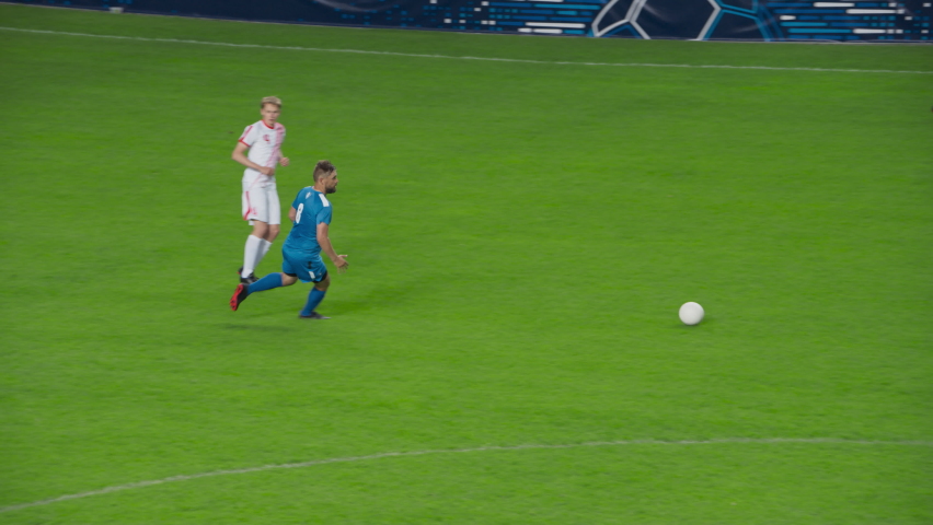 Soccer Football Match Event on a Major World Championship: White Team Attacks, Playing Pass, Dribbling. International Tournament Cup. Live Sport Channel Broadcast Television Playback. Slow Motion