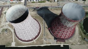 Thermal power plant. Kharkiv. Ukraine. CHPP-5. Aerial. Cooling towers. Summer. Drone video