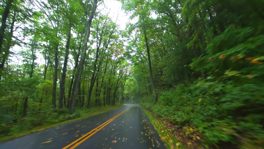 Point of view pov car vehicle driving shot at Blue Ridge Parkway road, Virginia during fall colorful foliage Appalachian mountains national park forest dark mist fog moody weather Royalty-Free Stock Footage #1094304603
