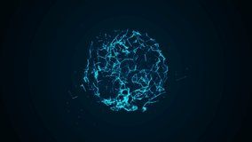 Glowing blue animated sphere symbol. Chaotic rotation of lines, particles, dots, glass fragments. Texture neon circle plexus icon. Background logos, presentations, technology, science, medicine. 4k