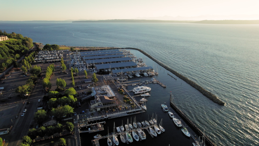 Luxury Boats Docked at Edmonds Marina Shot by Drone
