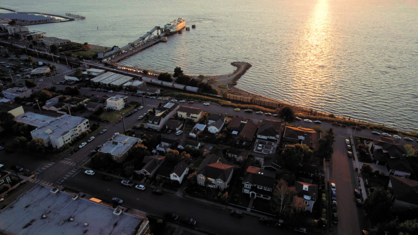 Amazing Sunset Drone Reveal of Town Waterfront on Puget Sound
