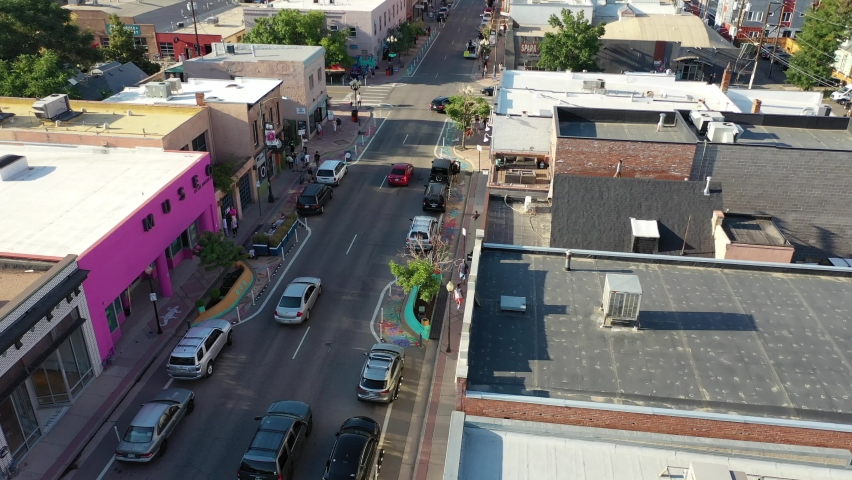 A drone pan along Santa Fe Blvd., Denver Colorado. This is the art district, First Friday.