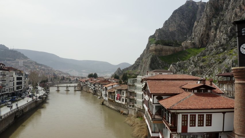 Aerial view of Amasya city landscape. 4K Footage in Turkey