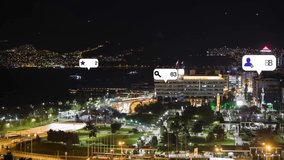 Social media icons fly over city downtown showing people engagement connection through social network application platform . Concept for online community and social media marketing strategy . - Powered by Shutterstock - Get 15% off with code: PIKWIZARD15