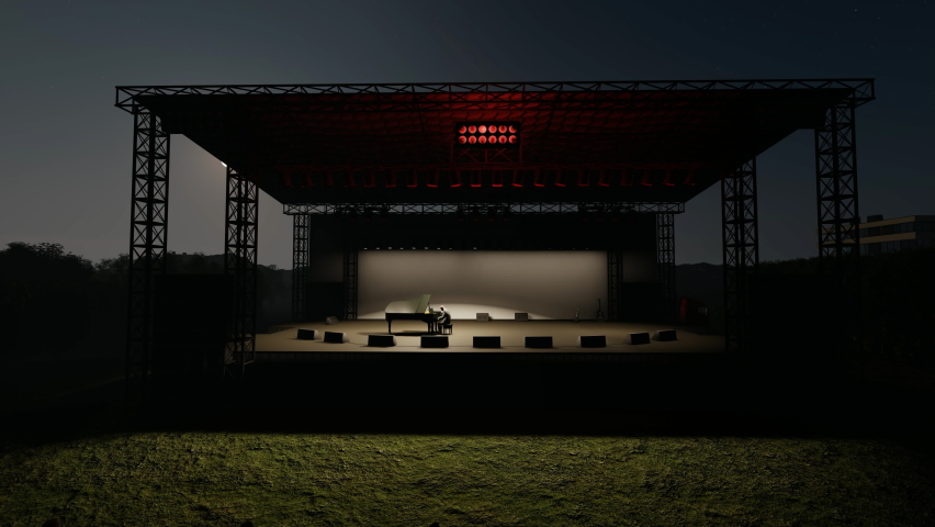 A pianist on an outdoor stage at nighttime, 4K