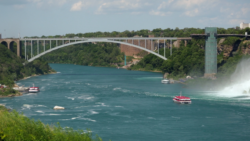 Locked-off shot of the Rainbow Bridge, an arch bridge across the Niagara River connecting the cities of Niagara Falls, New York, United States, and Niagara Falls, Ontario, Canada.
