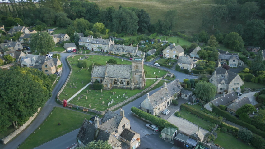 Aerial view of Cotswold village of Snowshill, Gloucestershire, England