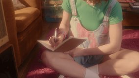 Tilting up of pensive ginger Caucasian girl sitting on red carpet in living room with 80s-style interior at daytime, writing in notebook