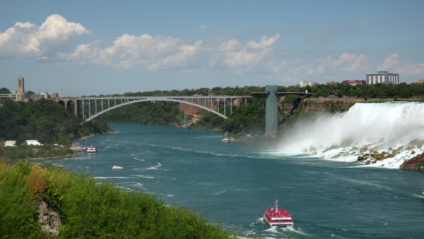 Locked-off shot of the Rainbow Bridge, an arch bridge across the Niagara River connecting the cities of Niagara Falls, New York, United States, and Niagara Falls, Ontario, Canada.
