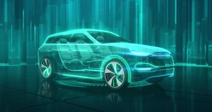 Wireframe car concept on the glossy surface and with futuristic city on the background. Modern SUV car in front side view. Professional 4K video with own designed generic non existing car model.