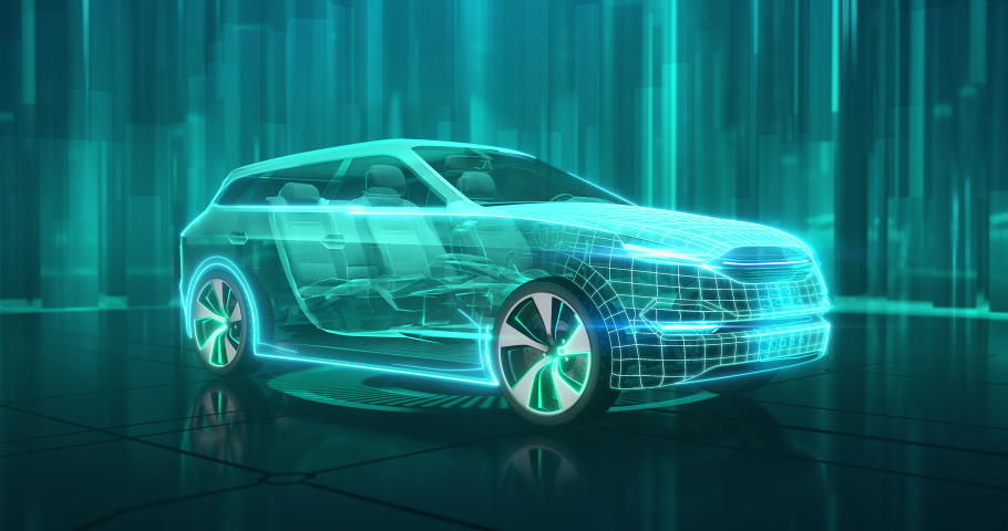 Wireframe car concept on the glossy surface and with futuristic city on the background. Modern SUV car in front side view. Professional 4K video with own designed generic non existing car model.