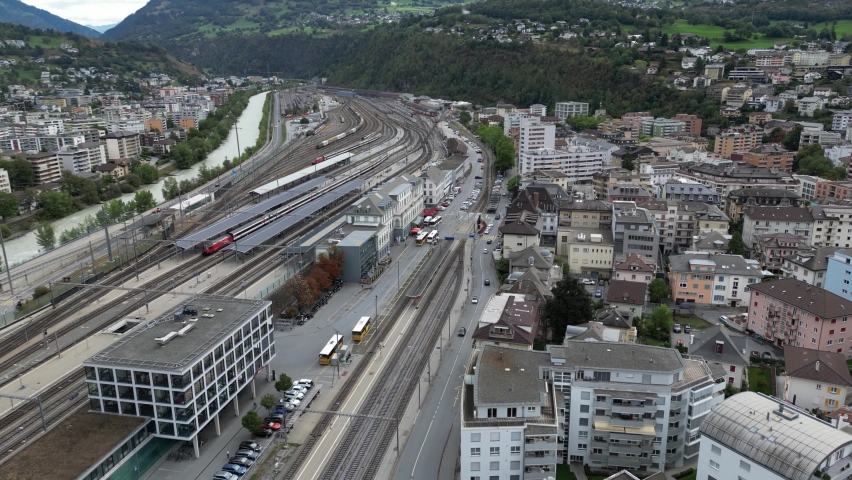Brig the city in the Valais Alps. In the middle of the city of Brig Glis is the train station. It is a small beautiful city in Switzerland in the canton of Valais. The traffic runs