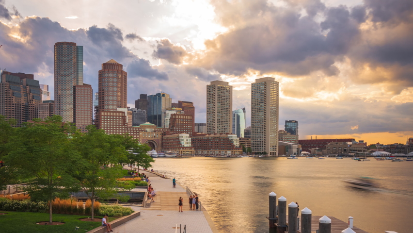 Boston, Massachusetts, USA downtown city skyline and pier at twilight. Royalty-Free Stock Footage #1094363887