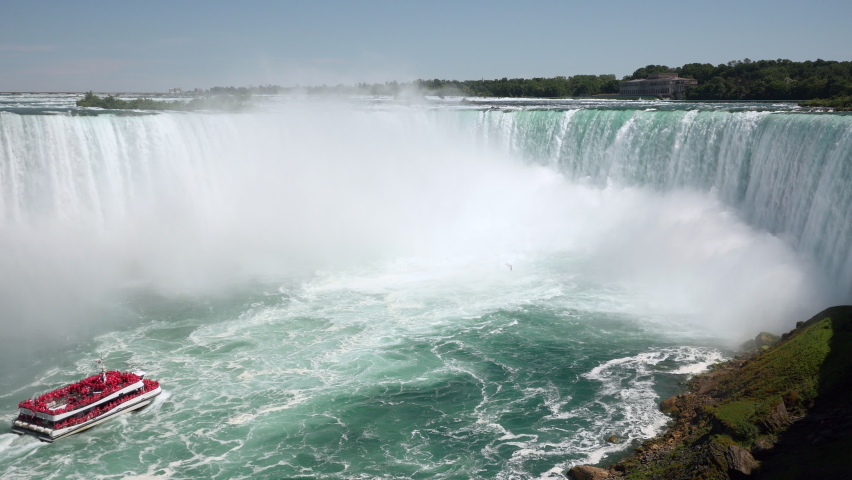 Locked-off shot of Niagara Falls showing tour boat approaching the famous Horseshoe waterfall on the border of United States and Canada.