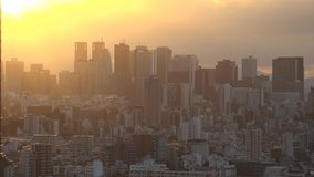 TOKYO, JAPAN : Aerial high angle sunrise or sunset CITYSCAPE of TOKYO. View of office buildings at downtown area Shinjuku. Japanese urban metropolis concept 4k video. Real time, fixed shot.