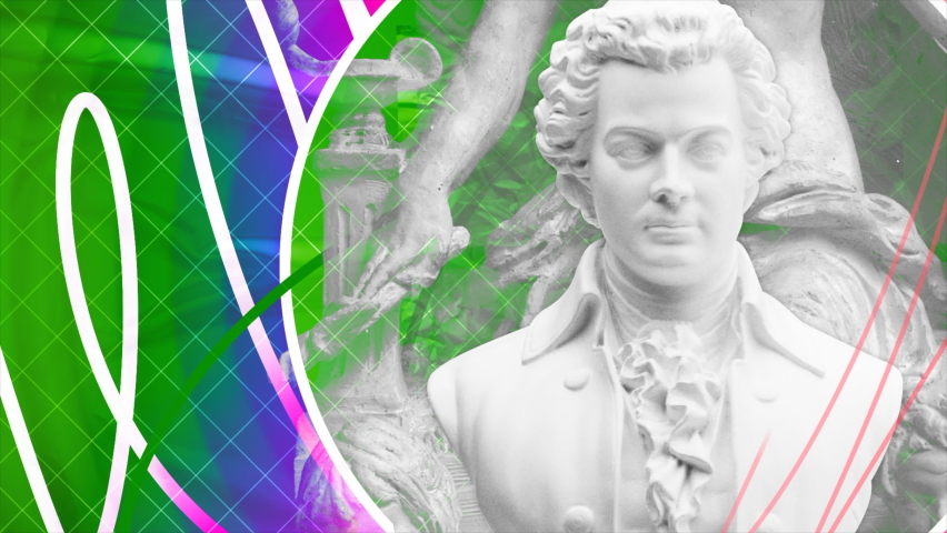 Ludwig van Beethoven bust close up. Motion. Sculpture of Beethoven against the circle and bending lines.