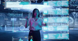 Female scientist exploring and analyzing a digital data, touching an invisible holographic screen. Asian woman, business reviews the statistics and moving animated virtual graphs and table data. High - Powered by Shutterstock - Get 15% off with code: PIKWIZARD15
