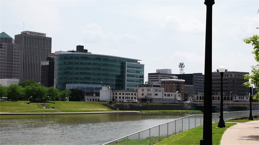 A short pan of the city of Dayton, Ohio from across the river, looking over some of the newer Riverscape developments.