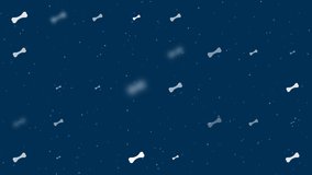 Template animation of evenly spaced dog bone symbols of different sizes and opacity. Animation of transparency and size. Seamless looped 4k animation on dark blue background with stars