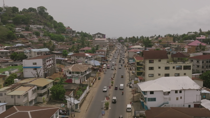 Aerial footage of a busy road in Freetown, Sierra Leone.