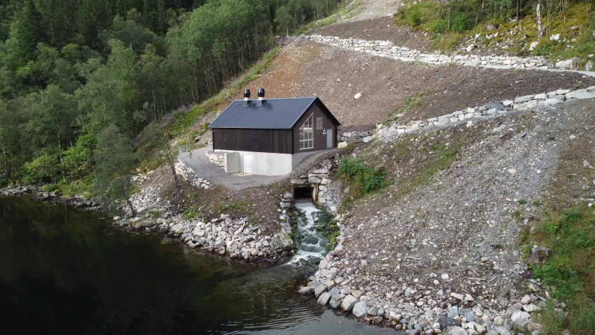 Markani hydroelectric powerplant in Vaksdal Norway - Rotating close aerial of small local powerplant - 10GWH yearly production and owned by Aventron and operated by Captiva Asset Management