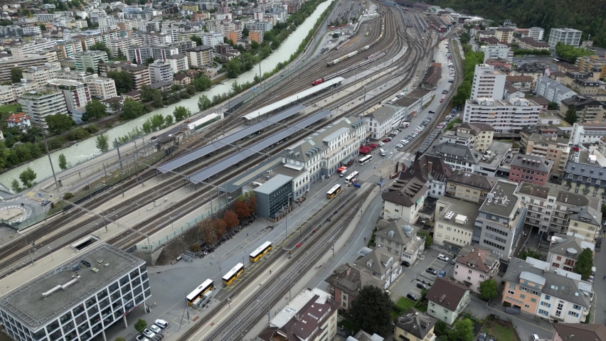 On the right side is the city of Brig and on the left side is the city of Naters in Switzerland. In between is the train station of Brig Glis. Alpine town
