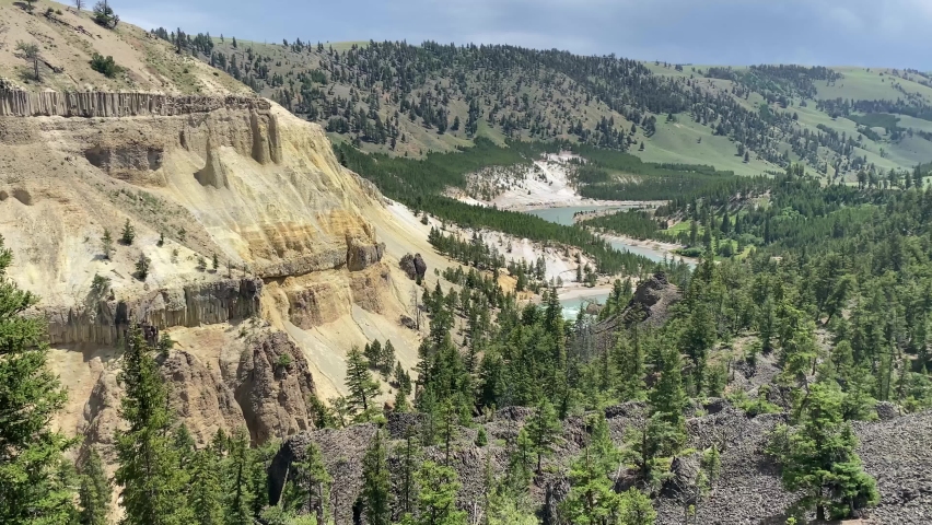 View of the Yellowstone River from the Calcite Springs overlook in Yellowstone National Park Wyoming