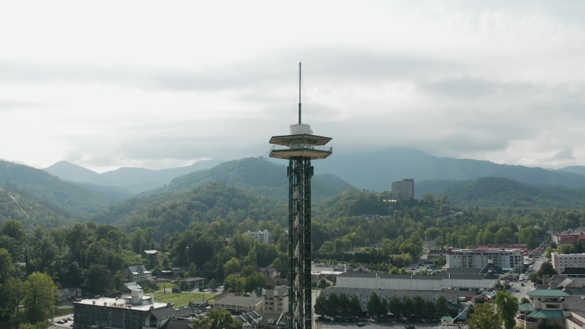 Aerial view of a tower in Gatlinburn, a mountain town in eastern Tennessee, United States.