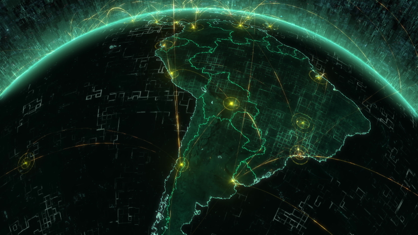 Futuristic Animation of High Tech Rotating Earth with Grids and Connections. Highly Detail View of South America Map Representing Telecommunication, Artificial Intelligence, IOT, AR, And 5G Networks. | Shutterstock HD Video #1094391219