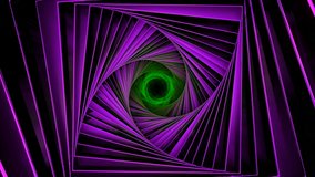 Spinning fractal shaped tunnel. Design. Rotating changing color zigzag tunnel with a circle in the middle.