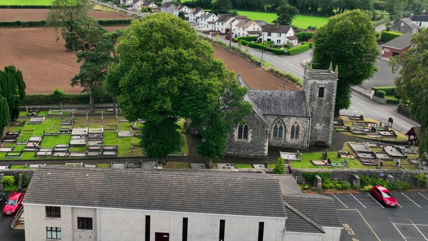 Aerial video of St Patricks Church of Ireland Broughshane Co Antrim Northern Ireland 
