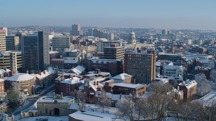 Aerial establishing shot of Nottingham city centre in winter