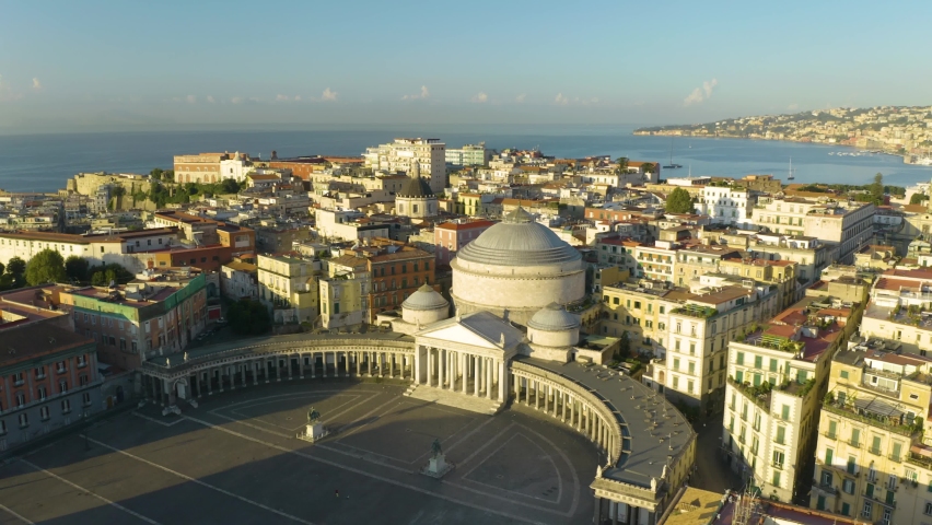 Drone Flies over Piazza del Plebiscito. Reveals Gulf of Naples. Beautiful Summer Day