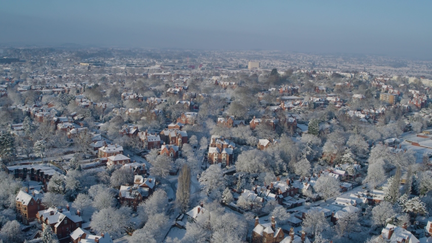 Pull back aerial establishing shot of residential houses in Nottingham England