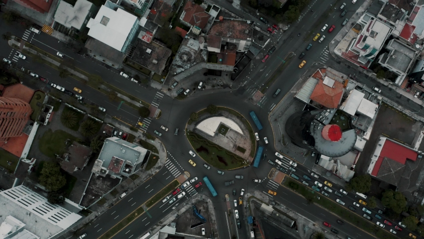 Aerial View Of A Traffic Roundabout On A Main Road In The City Of Quito In Ecuador - top down