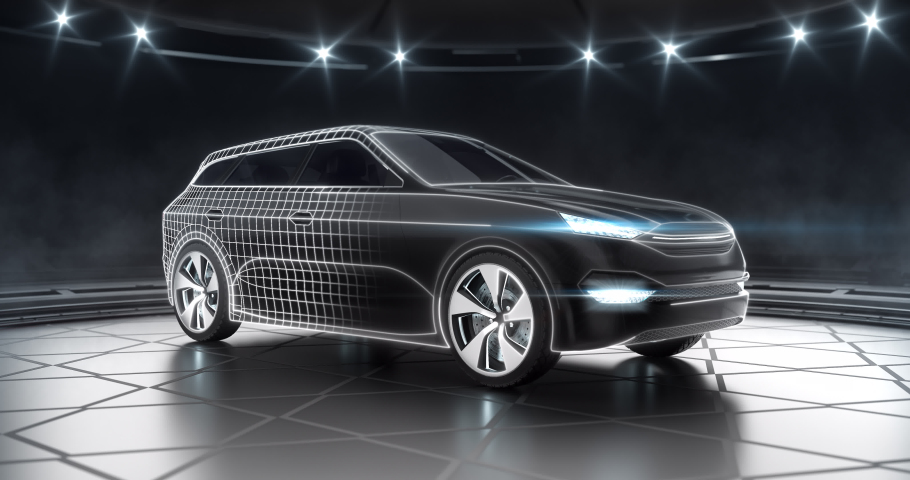 Tech plan and modern design of black suv car with headlights at showroom with spotlights. A front side view of the car. Professional automotive 4K video with own designed generic non existing car. | Shutterstock HD Video #1094407349