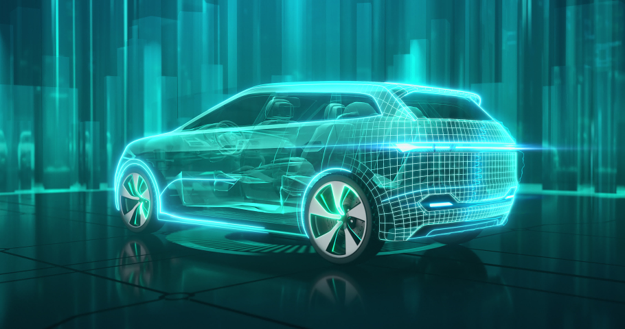 Wireframe car concept on the glossy surface and with futuristic city on the background. Modern SUV car in back side view. Professional 4K video with own designed generic non existing car model. | Shutterstock HD Video #1094407351