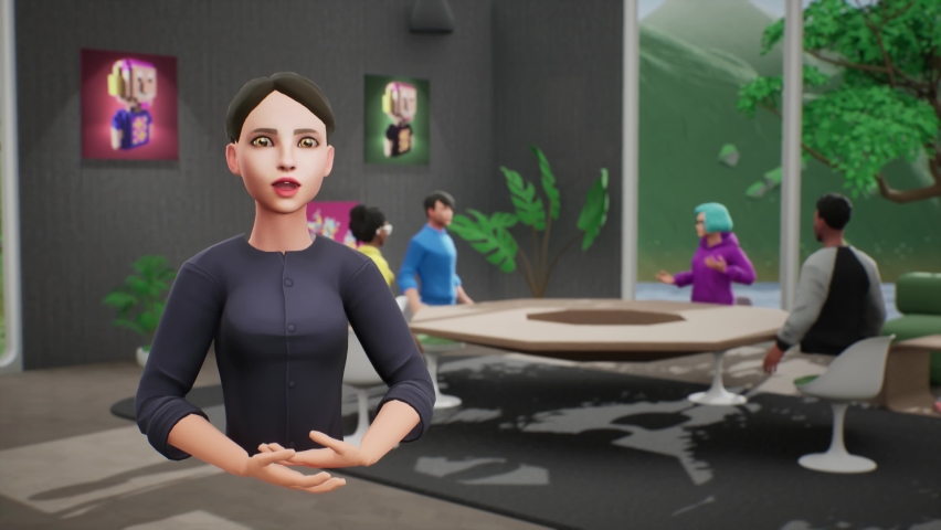 Virtual female blogger in the metaverse. VR vlog. People communicate on background. Vlogger show in a virtual office meeting room on a sunny day with NFT pictures and 3d furniture. Blog. Royalty-Free Stock Footage #1094409581