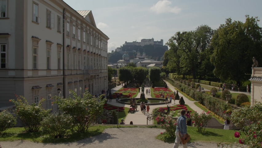 famous view at Salzburg Mirabell castle to fortress and cathedral