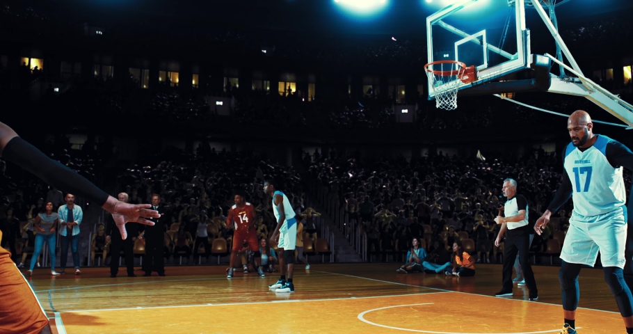 Basketball player throwing the ball into the hoop in a jump and misses. Opposite team player blocking. 3d made basketball stadium with animated crowd. | Shutterstock HD Video #1094416377