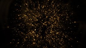 4K Gold Explosion effect. Festive Fireworks. Isolated on black background. Floating golden sparkles. Glowing Particles. Overlay. 60 fps