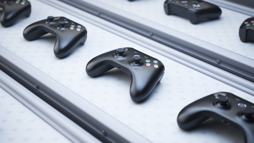 Side view of conveyor belt with new gamepads. Wireless game controllers manufacture. Controllers for enjoying playing games from the couch. Seamless looping animation of production line or factory.
