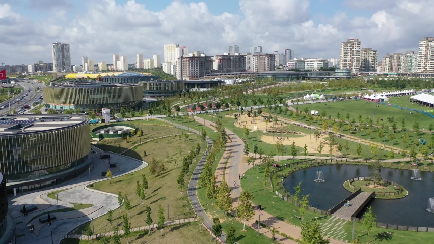 The largest and newest city in Istanbul, Basaksehir Neighborhood Park, drone shot up to 4k res  | Shutterstock HD Video #1094425013