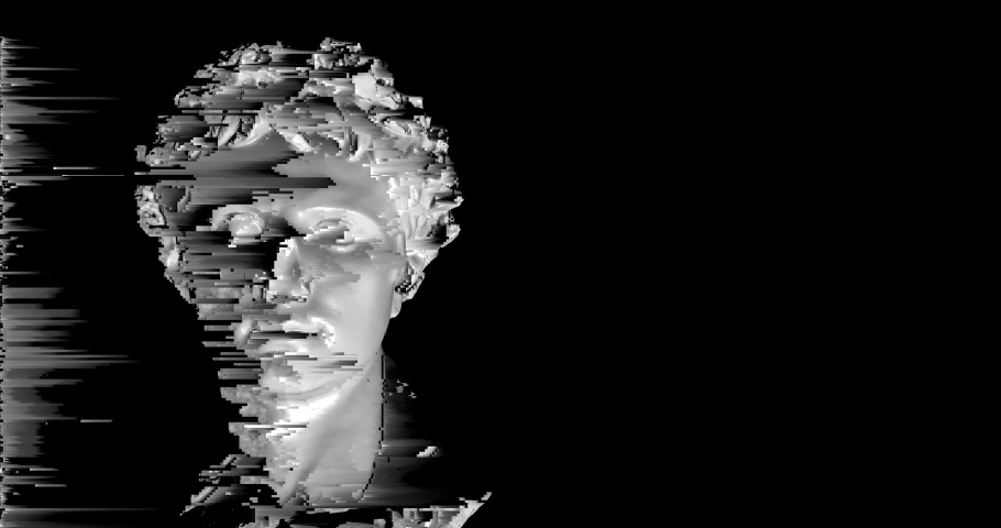 Digital noise on classical statue. Head statue as digital 3D model (CC0) with glitch and pixel sorting. Concept for digital heritage and culture digitisation in blockchain as NFT or tech apps VR  AR Royalty-Free Stock Footage #1094428159